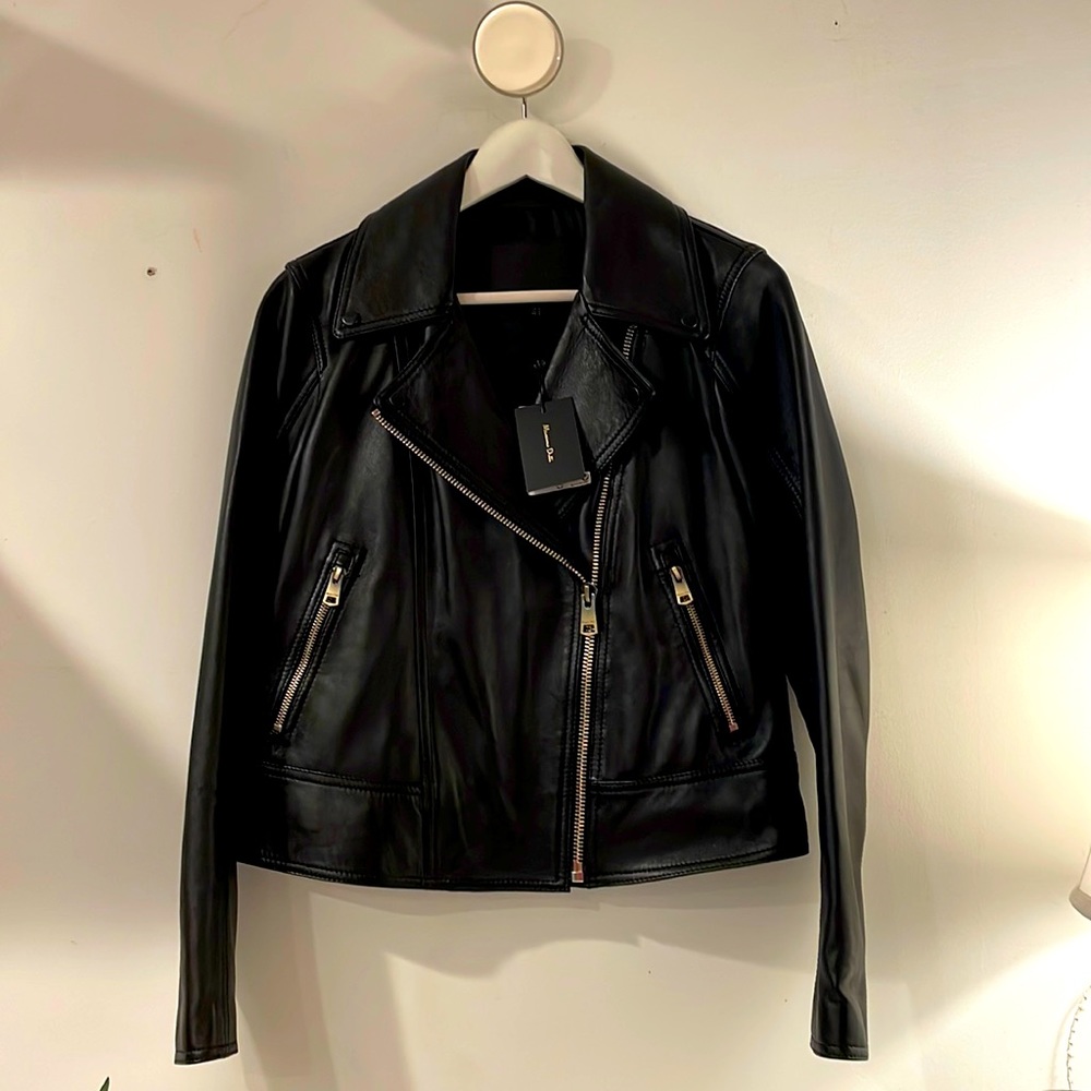 Massimo Dutti Natural Leather Biker Jacket Size M Black